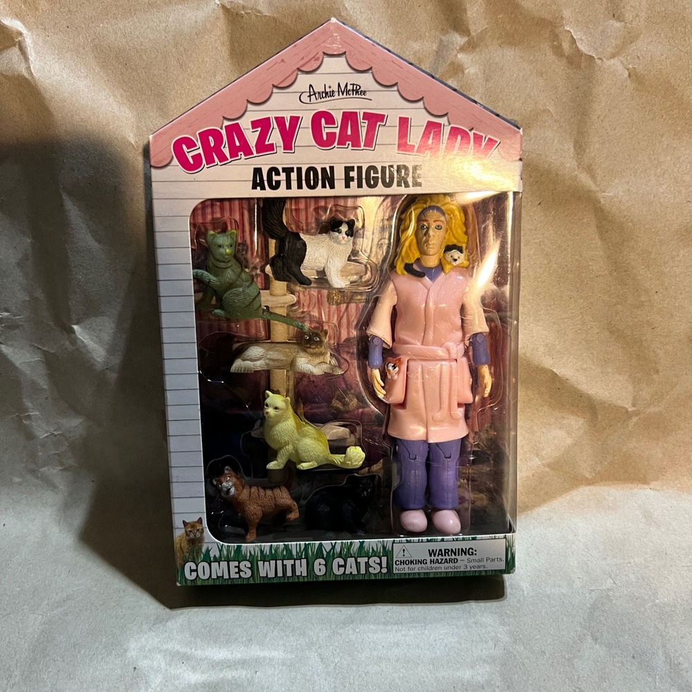 Archie McPhee OS Crazy Cat Lady Action Figure Pink NIB with 6 Cats Gag Gift
